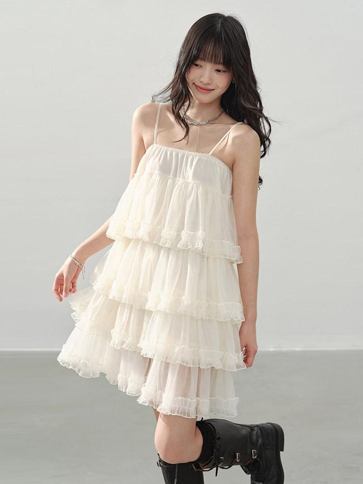 DDGIRL studio Breathable Soft Sweet Princess A Line Tiered Camisole Cream Mini Dresses