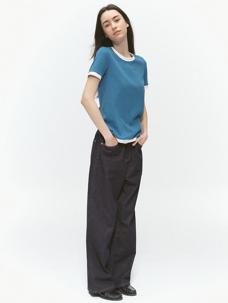 Country Moment Stretch Cotton Patchwork Casual Straight Fit Lake Blue Short Sleeve T-Shirts