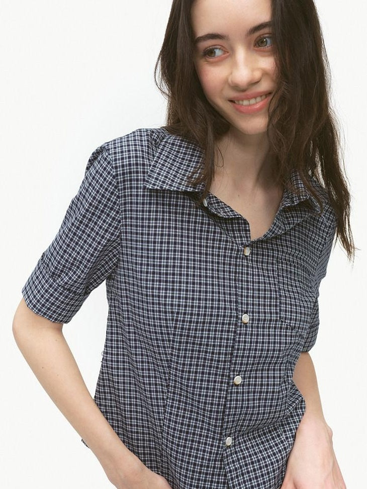 Country Moment Breathable Cotton Cropped Straight Revere Women Navy Plaid Shirts