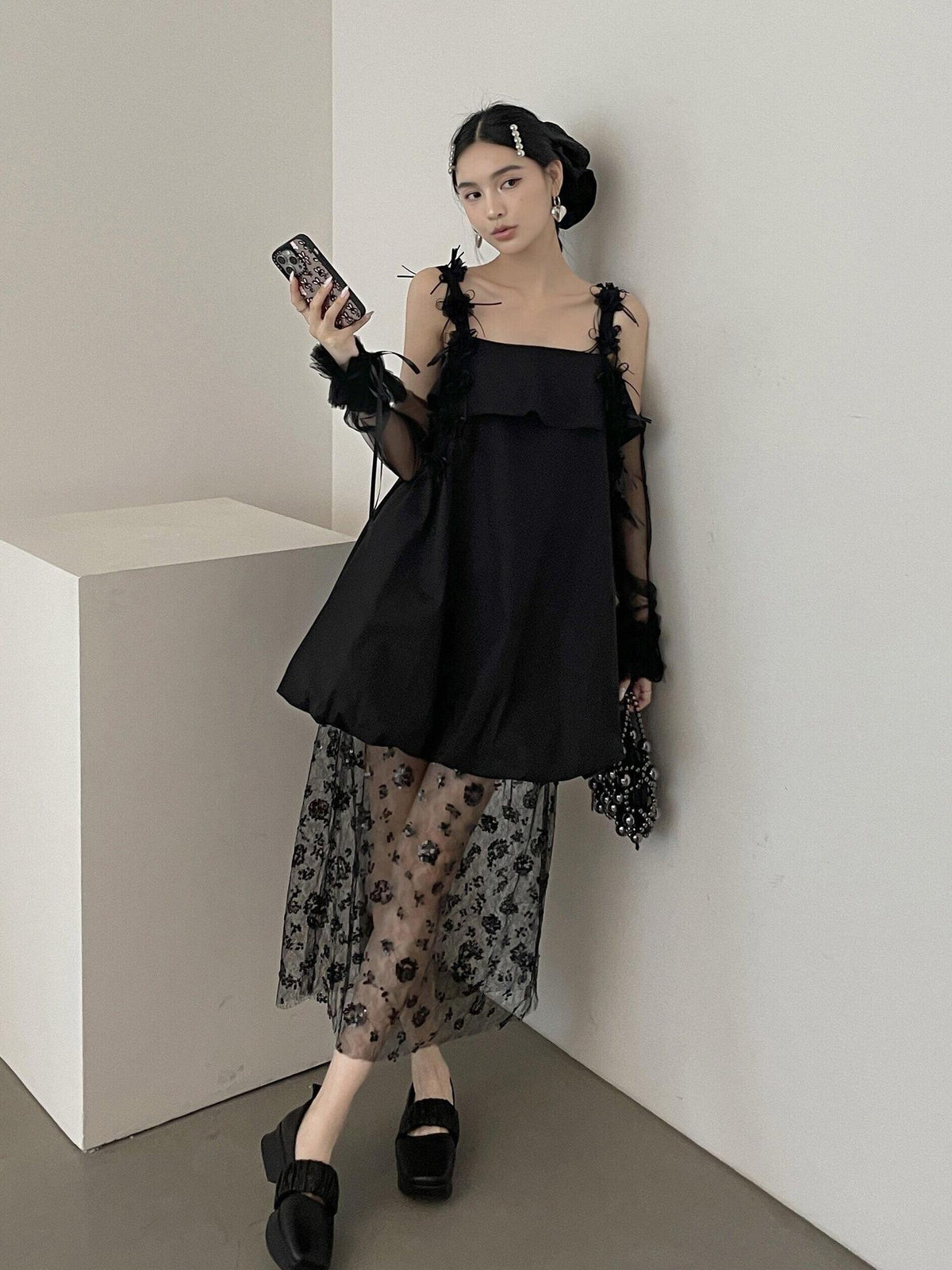 DDGIRL studio High Waist A Line Office Elegant Black Polyester Workwear Midi Skirts
