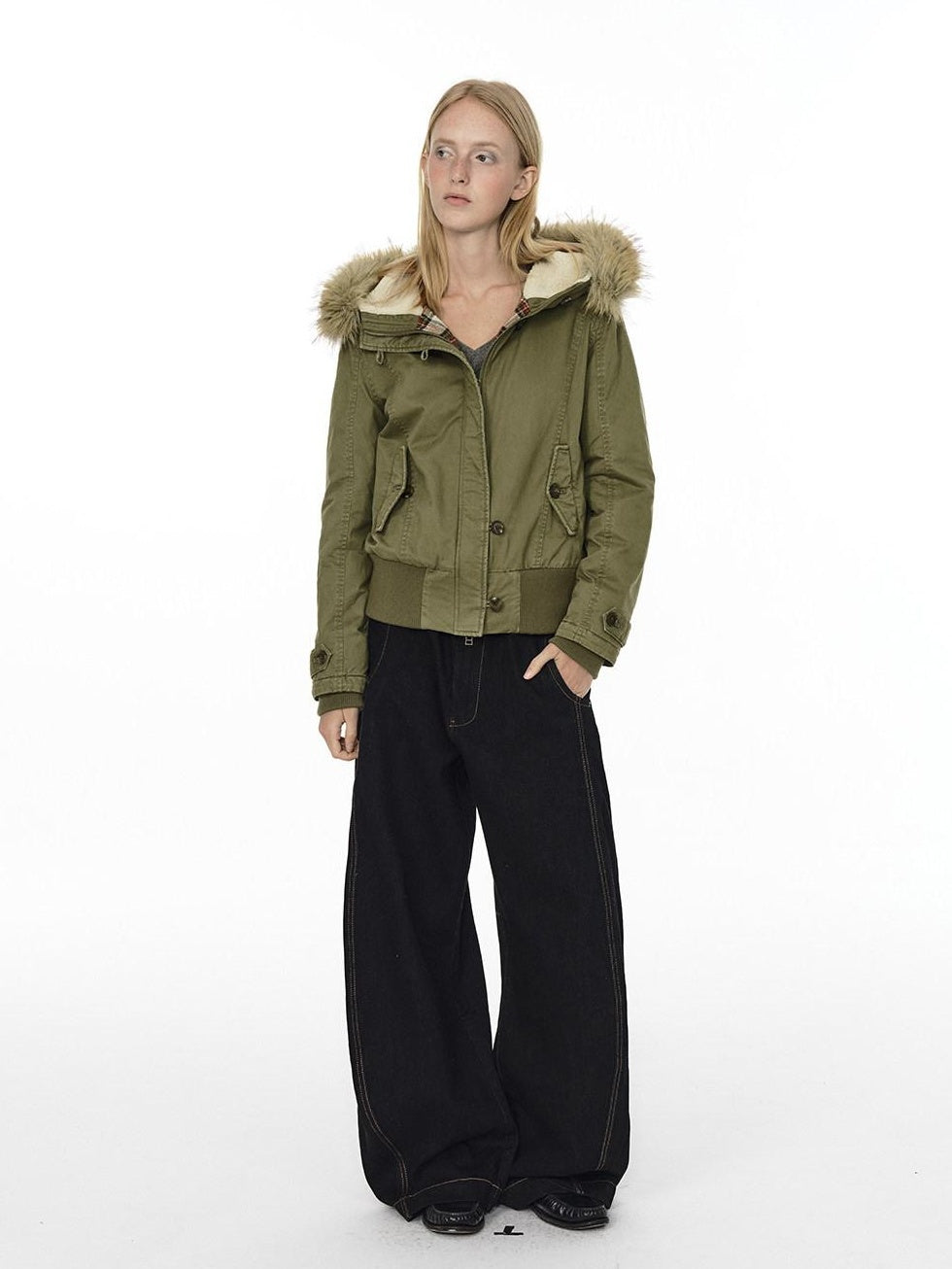 Country Moment Warm Cotton Quilted Hooded Vintage Green Casual Youth Ribbed Hem Puffer Jackets