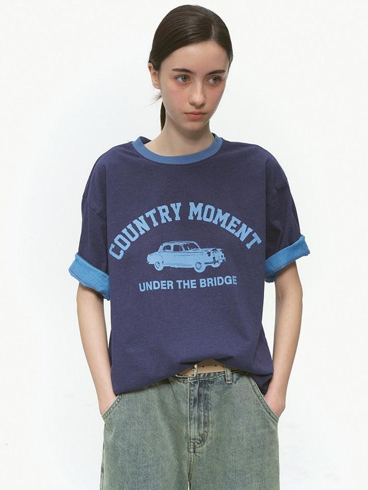 Country Moment Breathable 100% Cotton Relaxed Logo Print Unisex Navy Short Sleeve T-Shirts