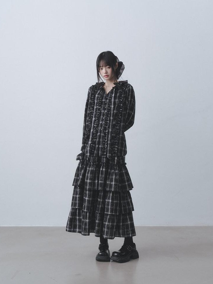 DDGIRL studio Wrinkle Free Black Plaid Collared Bow High Waist Loose Women Office Top & Skirt Sets