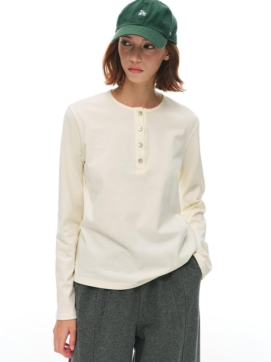 Country Moment Pure Cotton Breathable Henley Button Placket Women Citywalk Long Sleeve T-Shirts