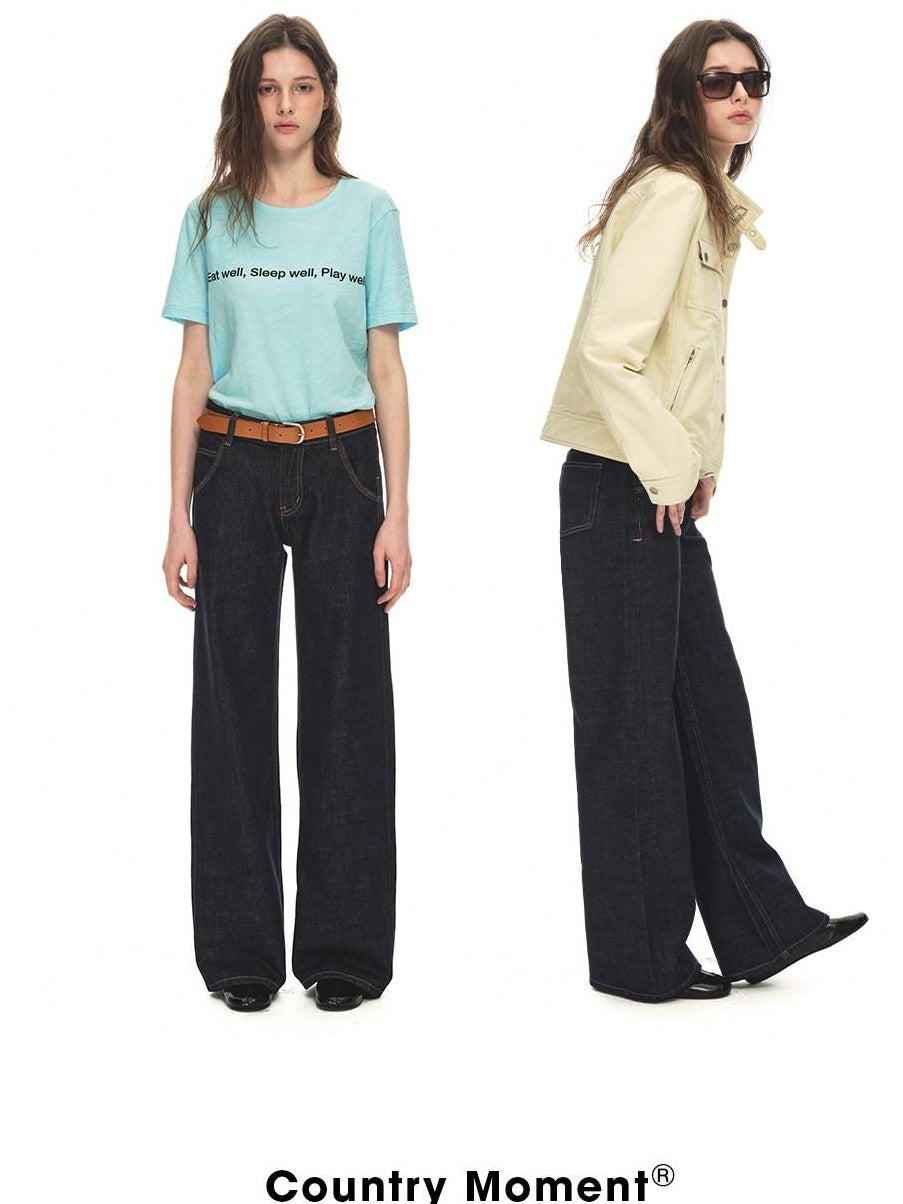 Country Moment Breathable 100 Percent Cotton Mid Rise Dark Blue Casual Women Straight Leg Jeans
