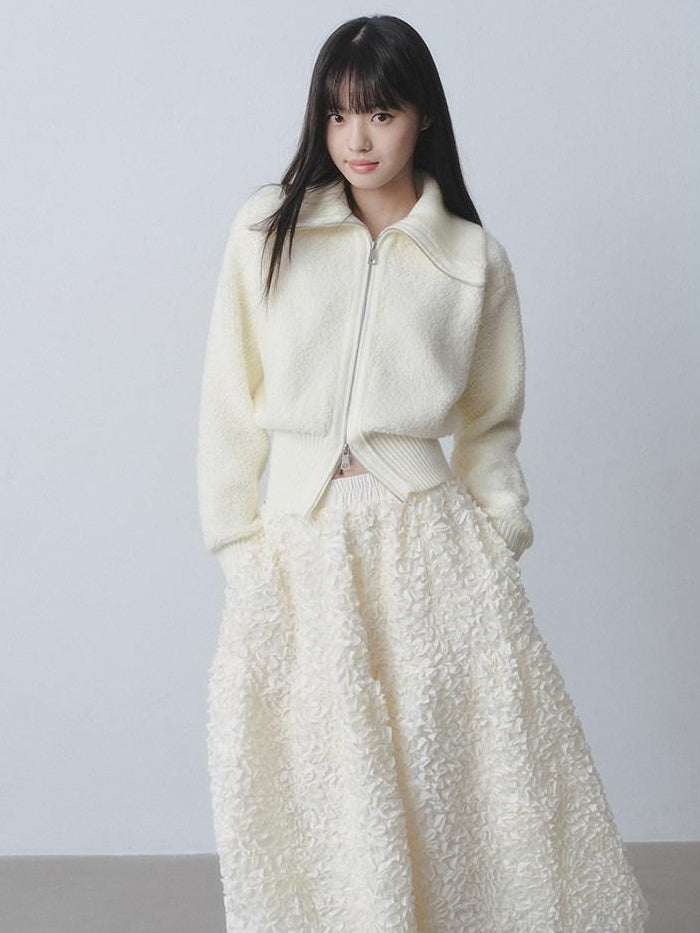 DDGIRL studio Cozy Warm Simple Daydream Waist Cinch Zip Cardigan Acrylic Blend Cream Sweaters