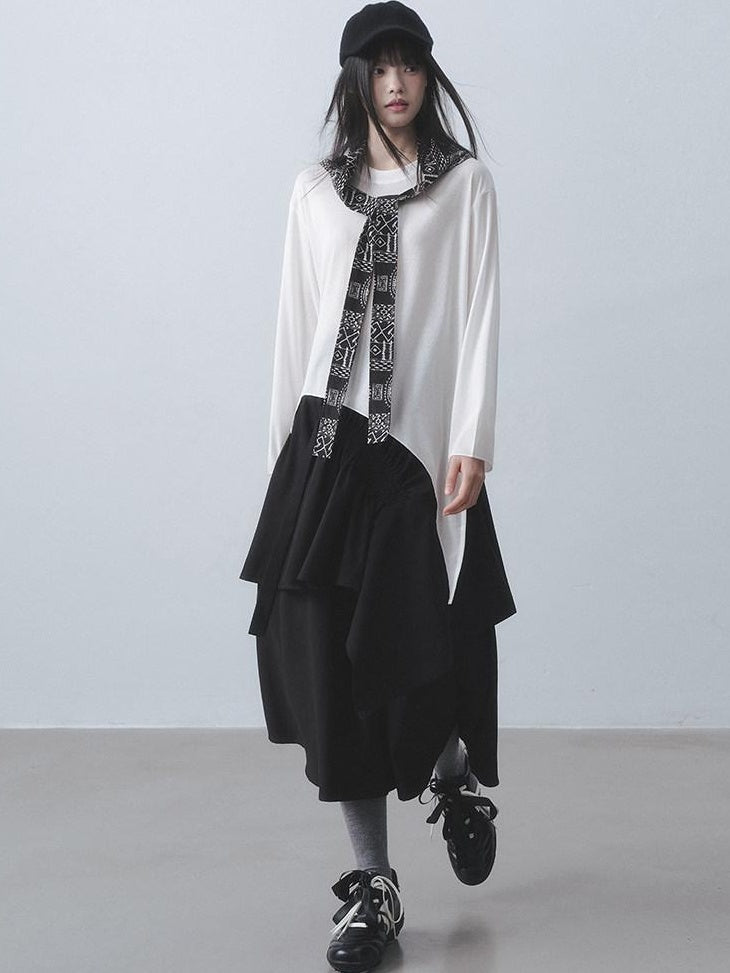 DDGIRL studio Breathable Lyocell Asymmetric Two Piece Women Crew Neck Long Sleeve T-Shirts
