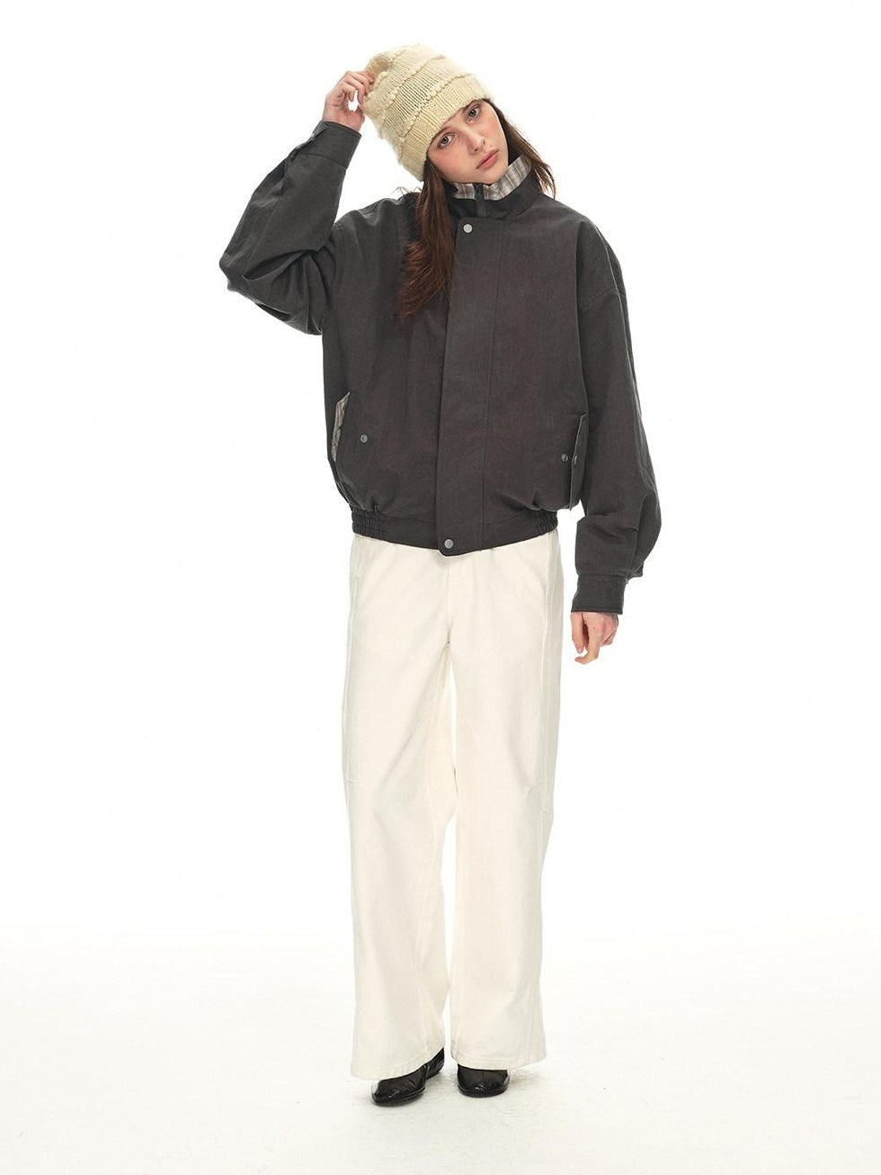 Country Moment Contrast Patchwork Relaxed Check Zip Long Sleeve Womens Cropped Jackets