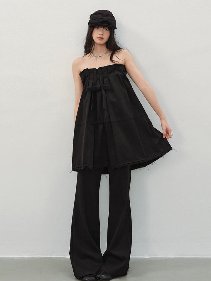 DDGIRL studio Soft Cotton Blend High Waist Bow A Line Strapless Workwear Women Mini Dresses