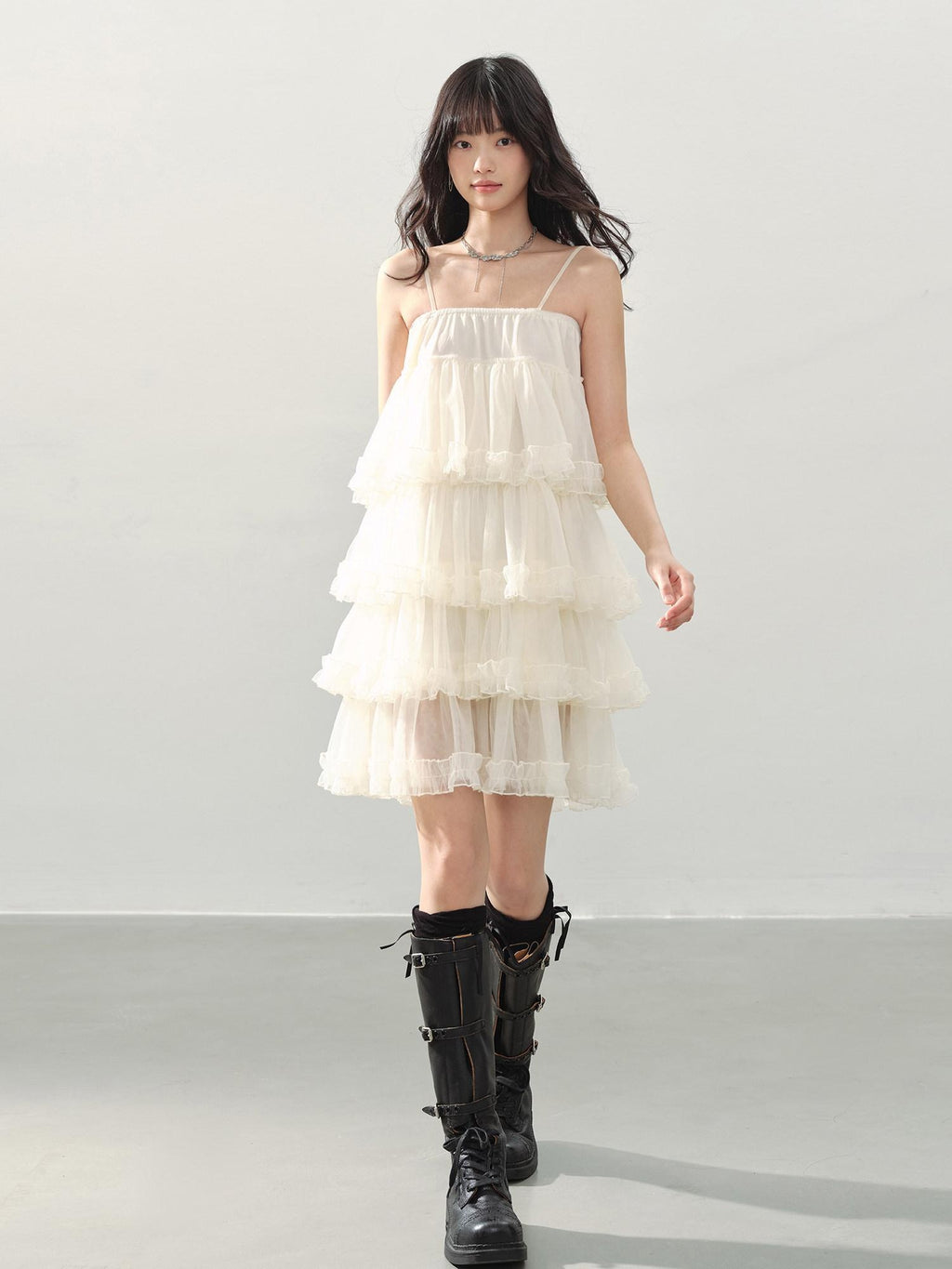 DDGIRL studio Breathable Soft Sweet Princess A Line Tiered Camisole Cream Mini Dresses
