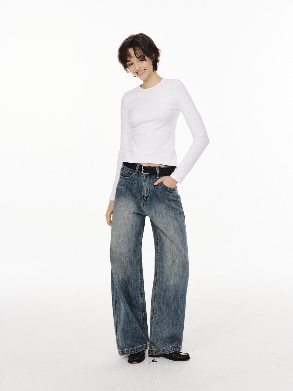 Country Moment High Waist Button Fly Non Stretch Blue Cotton Casual Youth Straight Leg Jeans