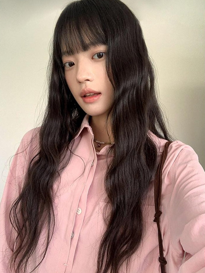 DDGIRL studio Breathable 100% Cotton Loose Fit Polo Collar Button Long Sleeve Pink Shirts