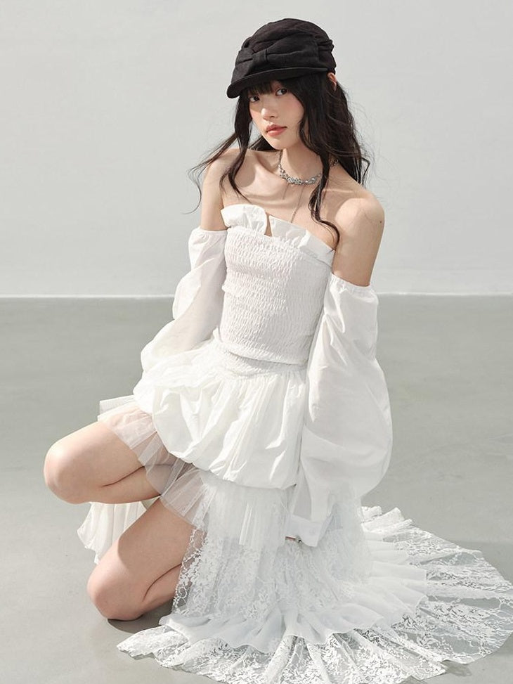 DDGIRL studio Lined Lace Asymmetrical High Waist Front Slit Tiered White Women Midi Skirts