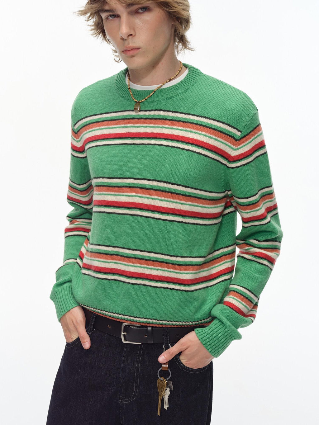 Country Moment Warm Wool Blend Colorful Striped Crew Neck Short Regular Fit Unisex Sweaters