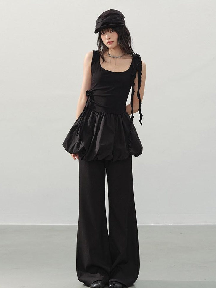 DDGIRL studio Slim Mid Rise Washed Black Micro Flare Zipper Casual Women Straight Pants
