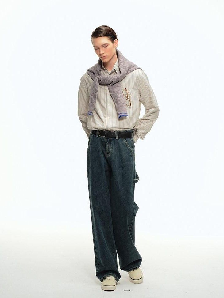 Country Moment Durable 100 Percent Cotton Vintage Blue Midrise Loose American Wide Leg Jeans