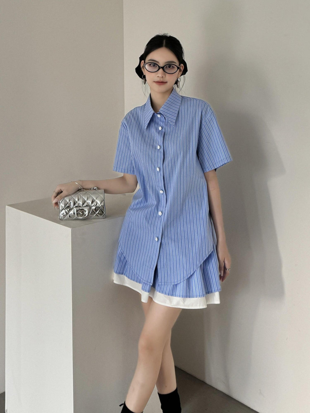 DDGIRL studio Breathable Relaxed Polo Short Sleeve Women Striped Blue Top & Skirt Sets