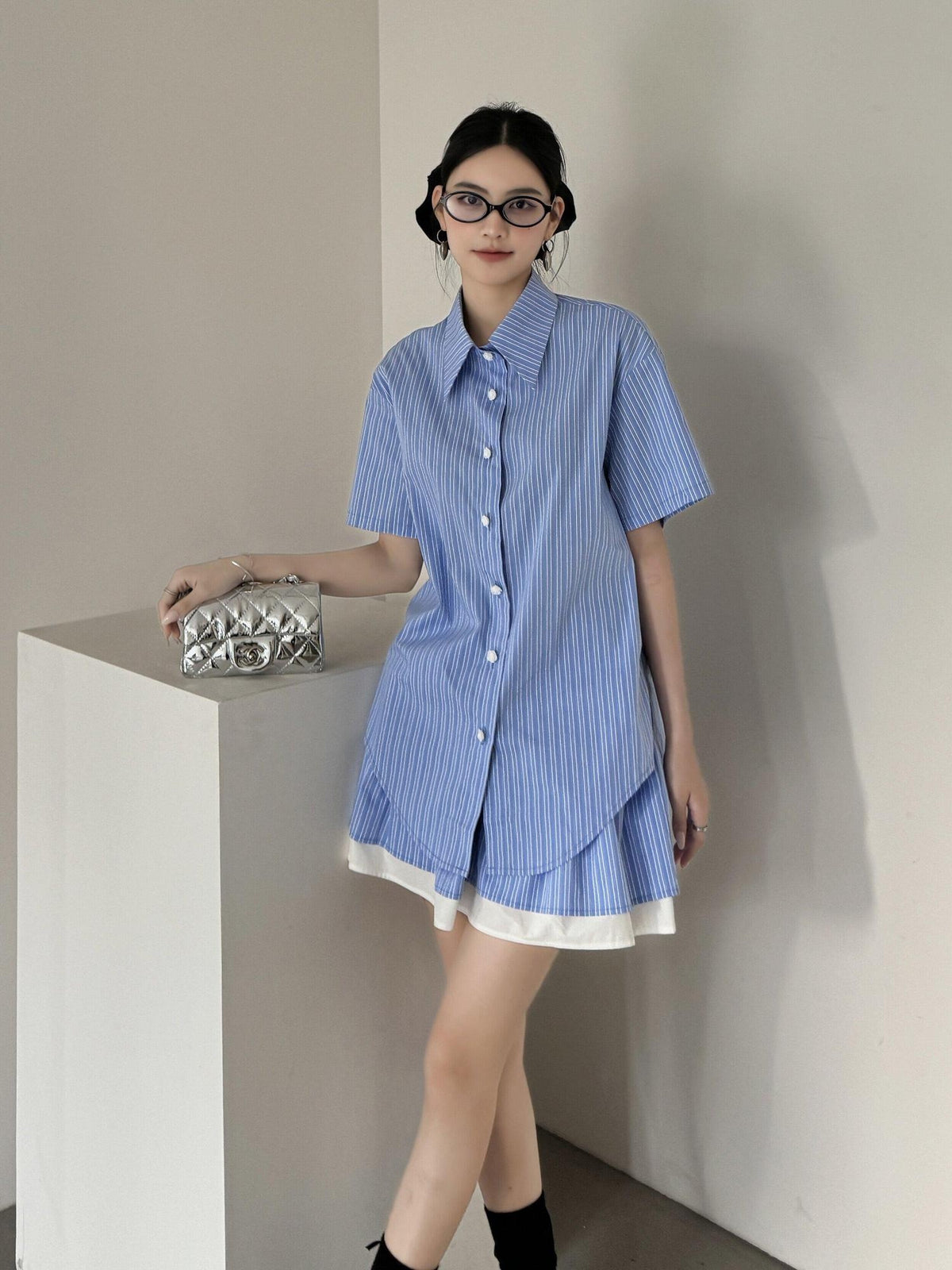 DDGIRL studio Breathable Relaxed Polo Short Sleeve Women Striped Blue Top & Skirt Sets