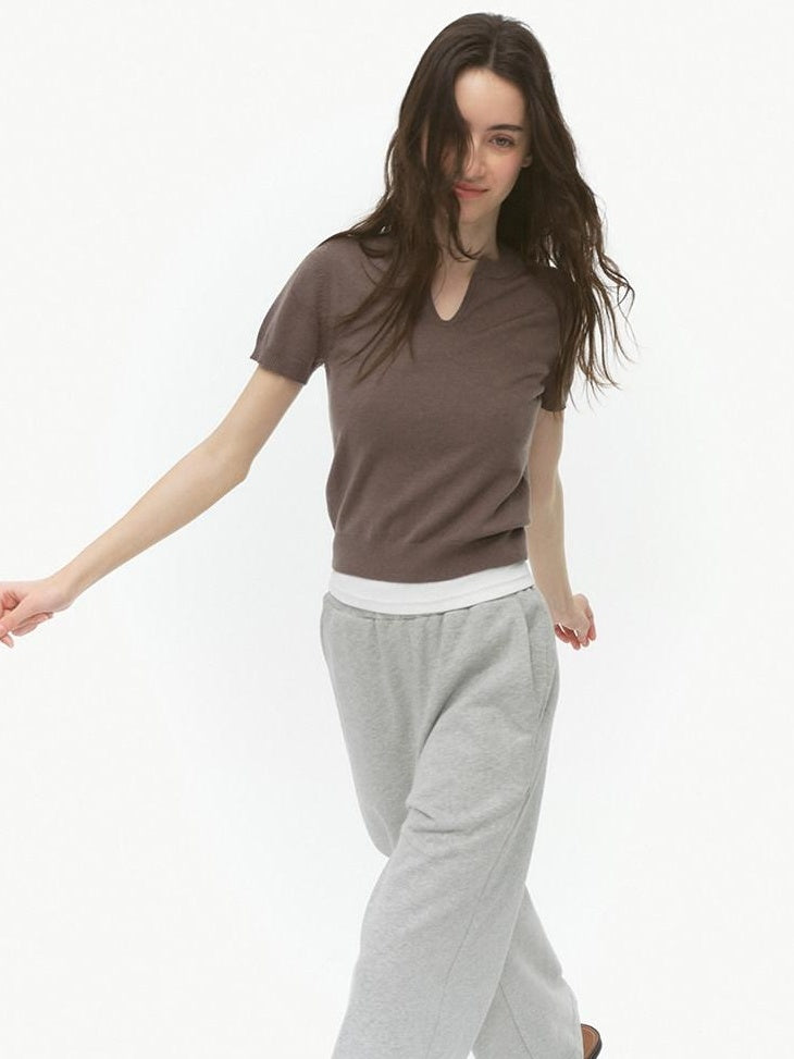 Country Moment Silk Wool Blend Patchwork V-neck Slim Fit Work Olive Brown Short Sleeve T-Shirts