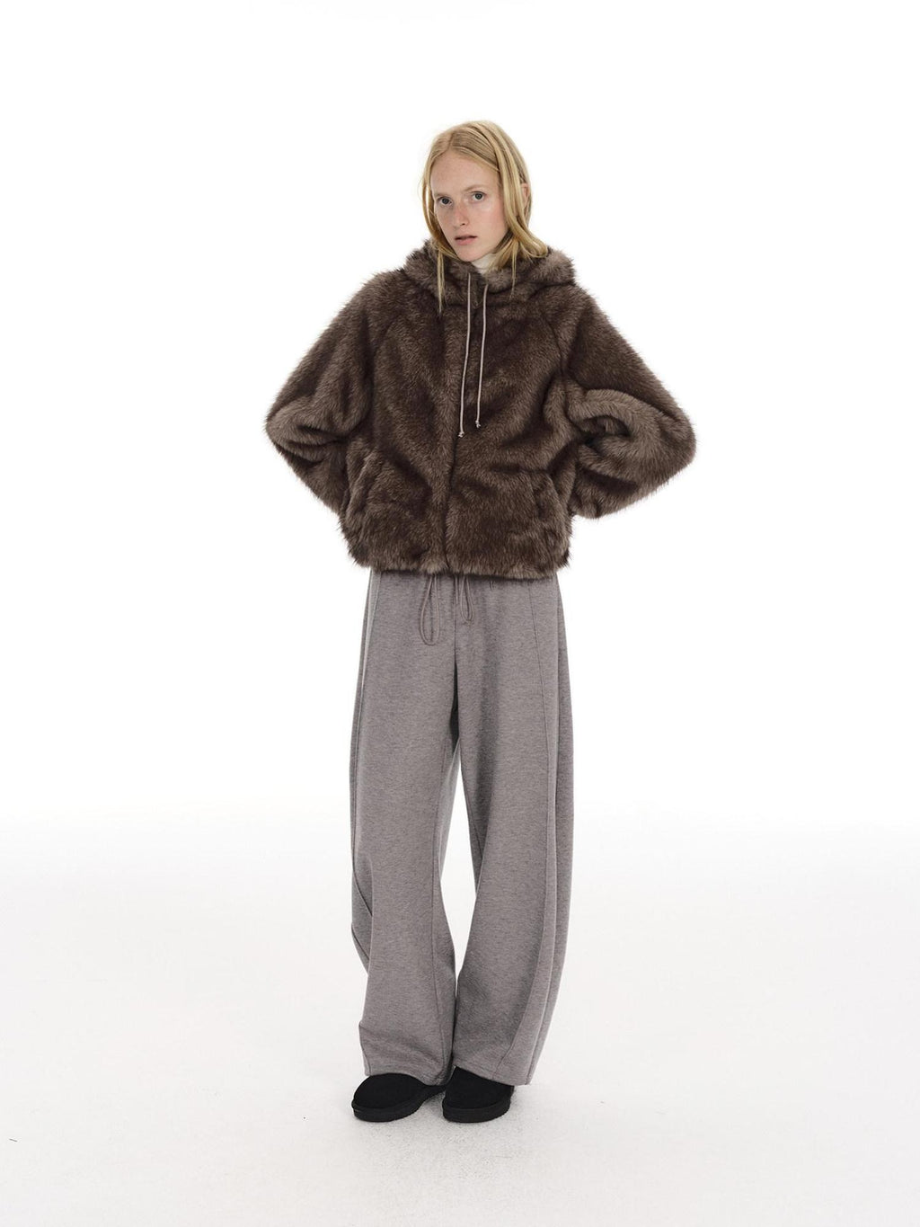 Country Moment Warm Wool Lined Pleated Drawstring Loose Fit Gray Straight Sweatpants