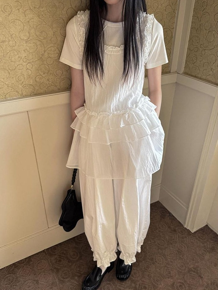 DDGIRL studio Original High Waist Drawstring Washed Cotton Nylon Lantern White Wide Leg Pants
