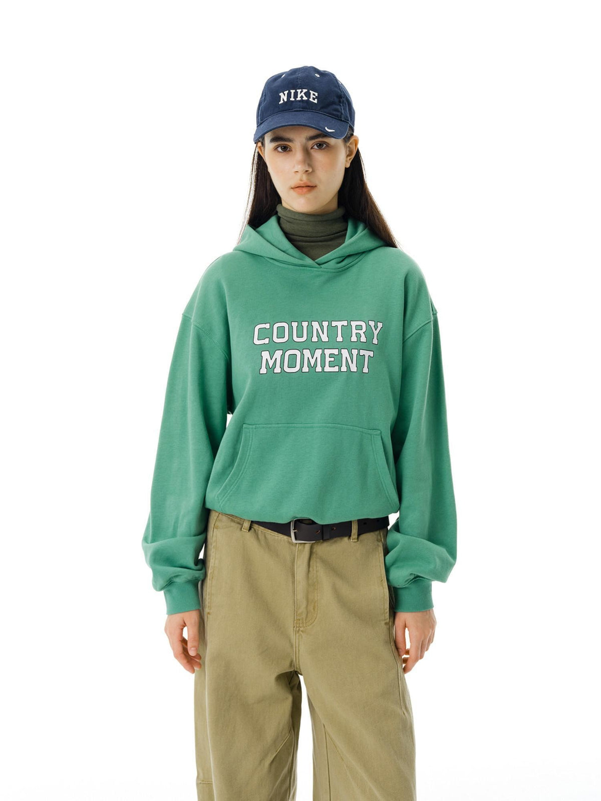 Country Moment Cropped Heavyweight Cotton Printed Loose Fit Unisex Green Streetwear Hoodie