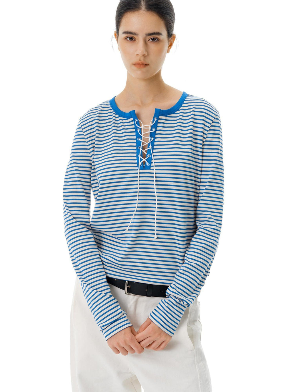 Country Moment Stretch Polyester Henley Tie Blue White Striped Unisex Long Sleeve T-Shirts