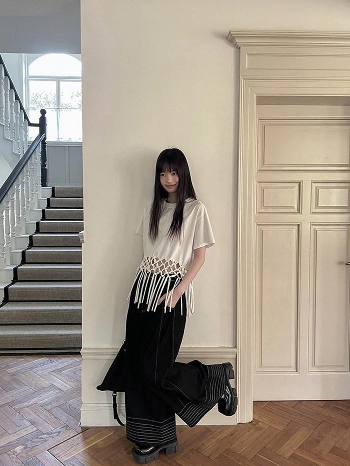 DDGIRL studio White Fringe Cropped Loose 100% Cotton Commuter Crew Neck Short Sleeve T-Shirts