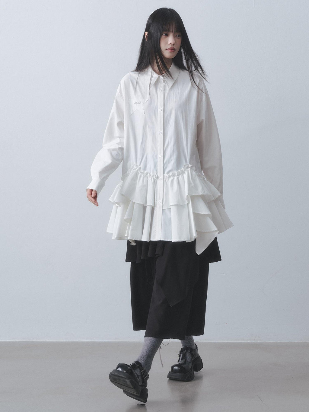 DDGIRL studio High Waist Ruffle Commuter Shirt Dress A Line Women White Button Mini Dresses