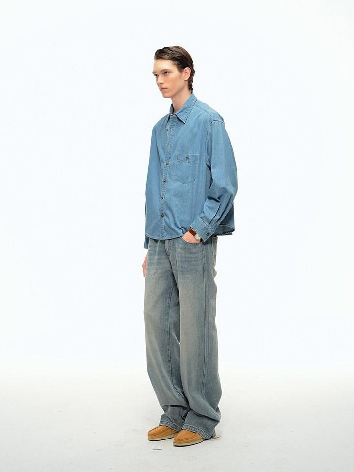 Country Moment Soft Cotton Blend Loose Square Neck Short Sleeve Youth Casual Light Denim Shirts