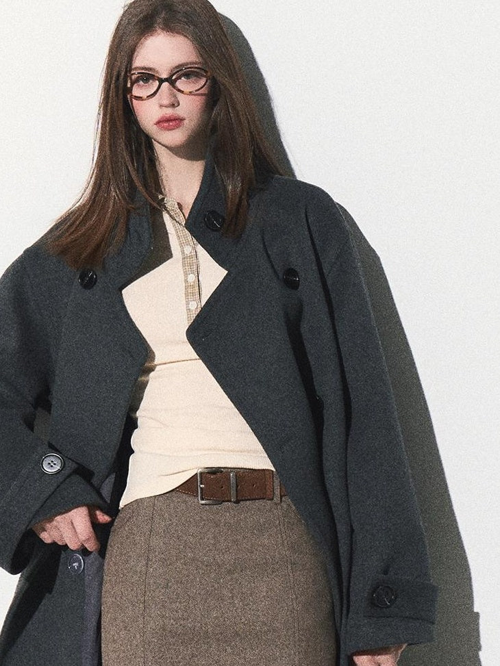 7 OAKMOO Warm Thick Stand Collar Mid Length Loose Fit Commuter Womens Wool Coats