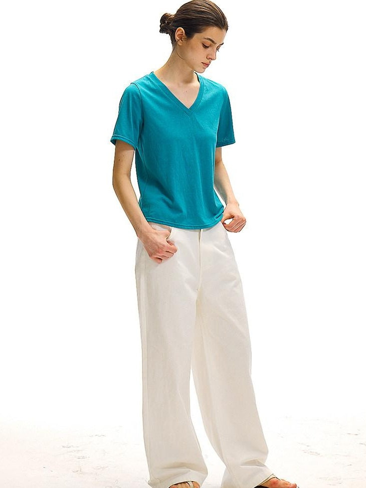 Country Moment Moisture Wicking Street Straight V-neck Cotton Blend White Short Sleeve T-Shirts