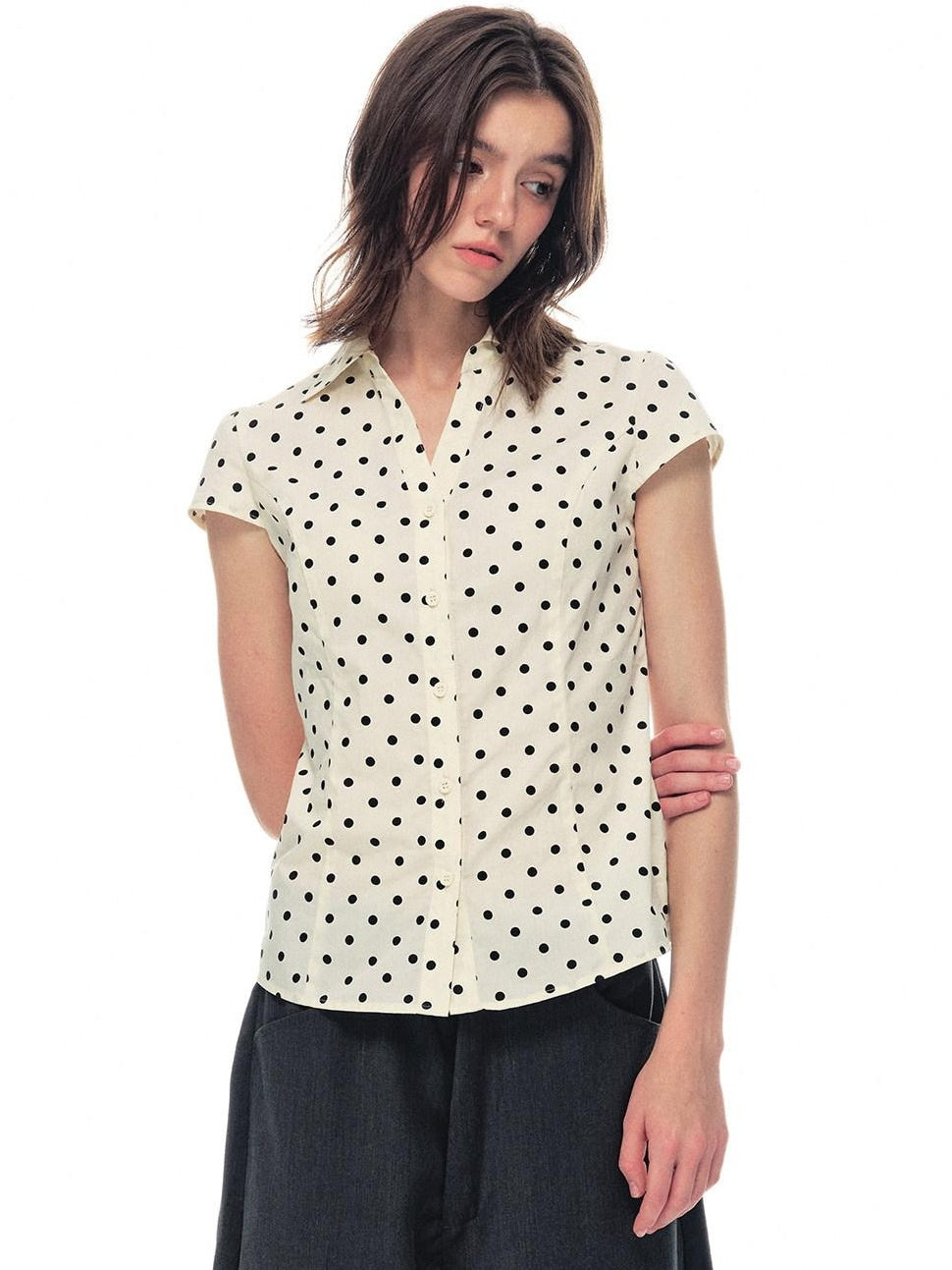 Country Moment Breathable Cotton Slim V-neck Polka Dot Button Cardigan Women Beige Shirts