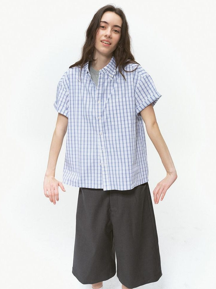Country Moment Breathable Cotton Blend Loose Plaid Button Up Short Sleeve Collared Shirts