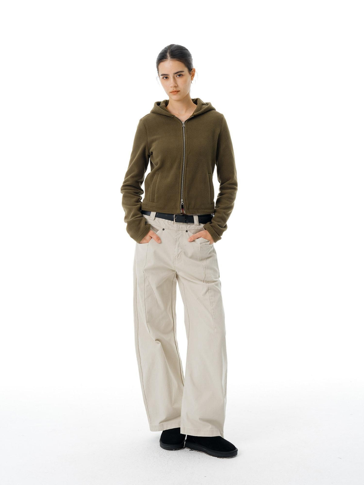 Country Moment Warm Polar Fleece Slim Fit Zip Up American Women Sport Sage Green Hoodie