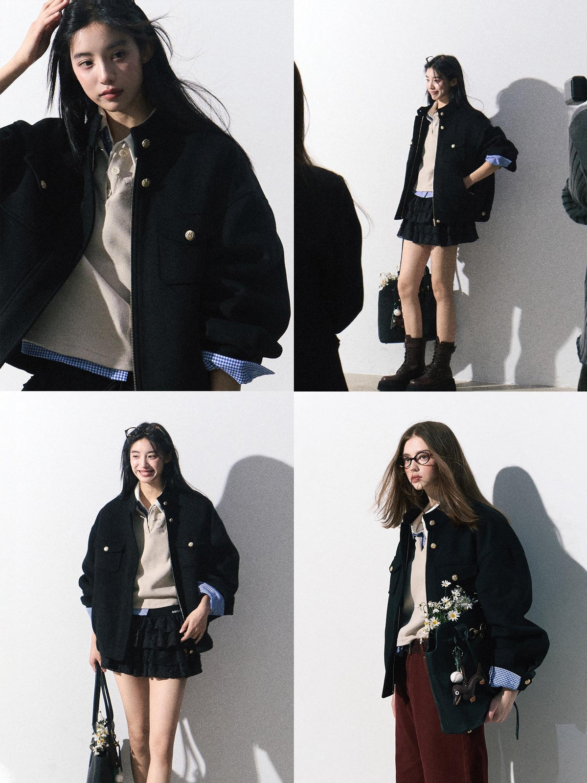 7 OAKMOO Wool Blend Stand Collar Loose Fit Pocket Zip Long Sleeve Women Cropped Jackets