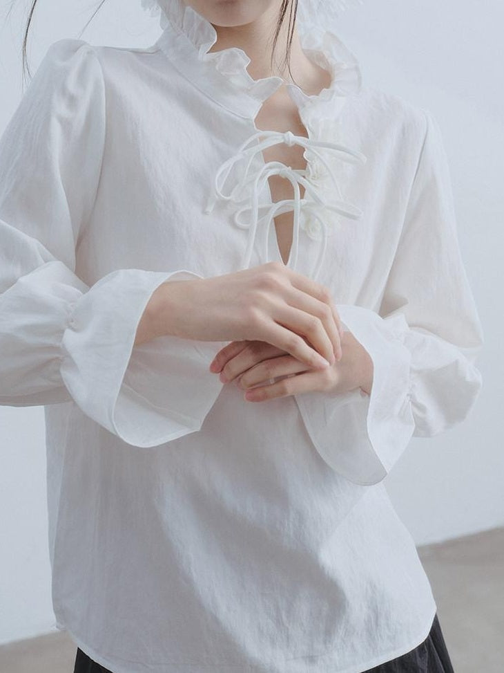 DDGIRL studio Breathable Non Deforming Ruffle Collar Bell Sleeve Straight Cut Commuter Shirts