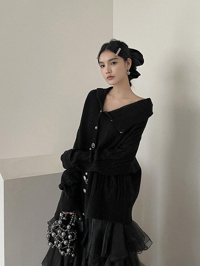 DDGIRL studio Soft Cotton Mix Loose Side Slit Office One Size Mid Length Black Cardigans