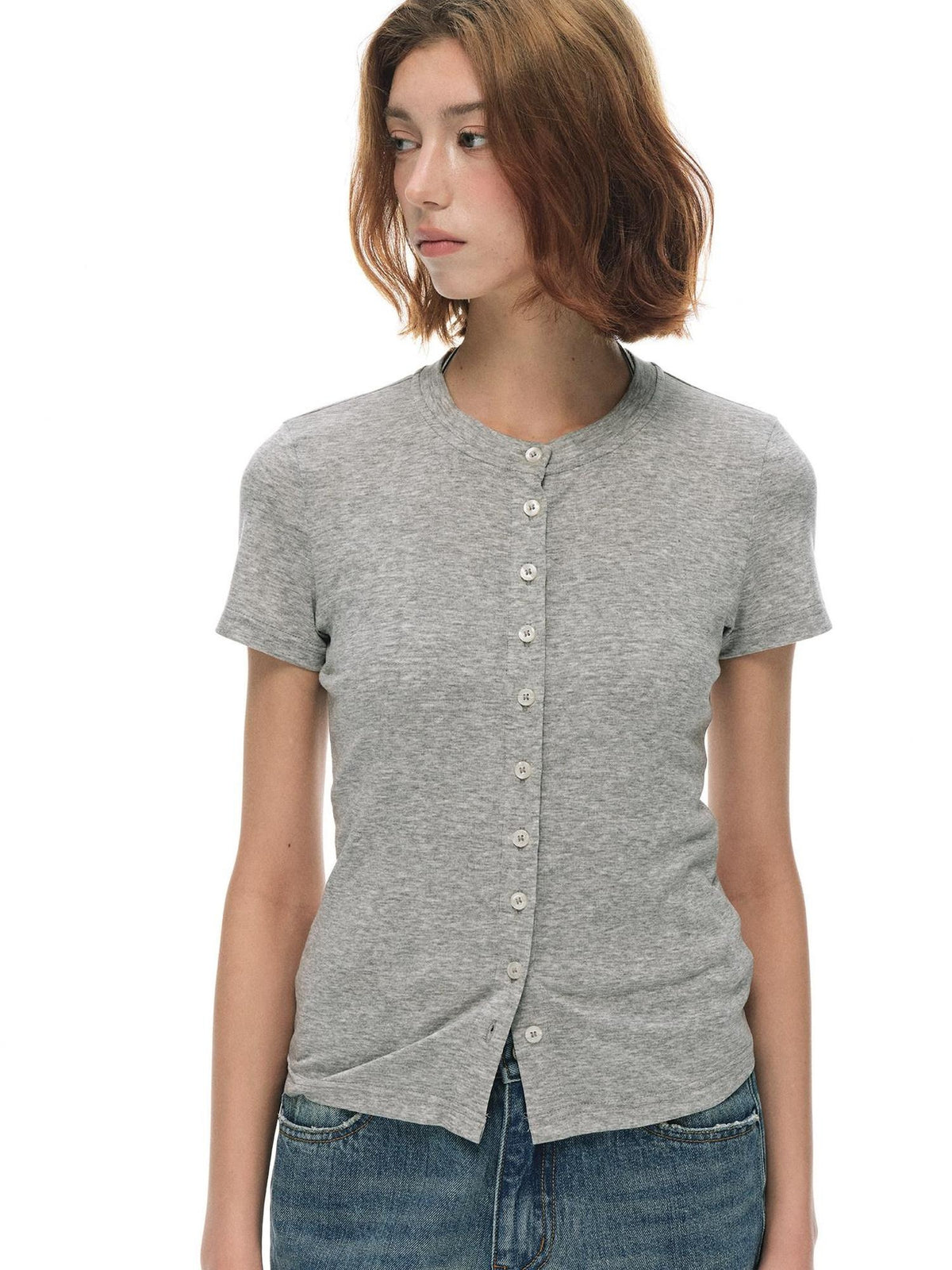 Country Moment Cooling Lyocell Knit Round Neck Women Gray Pullover Short Sleeve T-Shirts