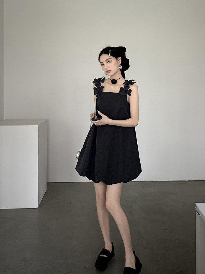 DDGIRL studio Washed Cotton Nylon Blend Strappy A Line Loose Waist Commuter Black Midi Dresses