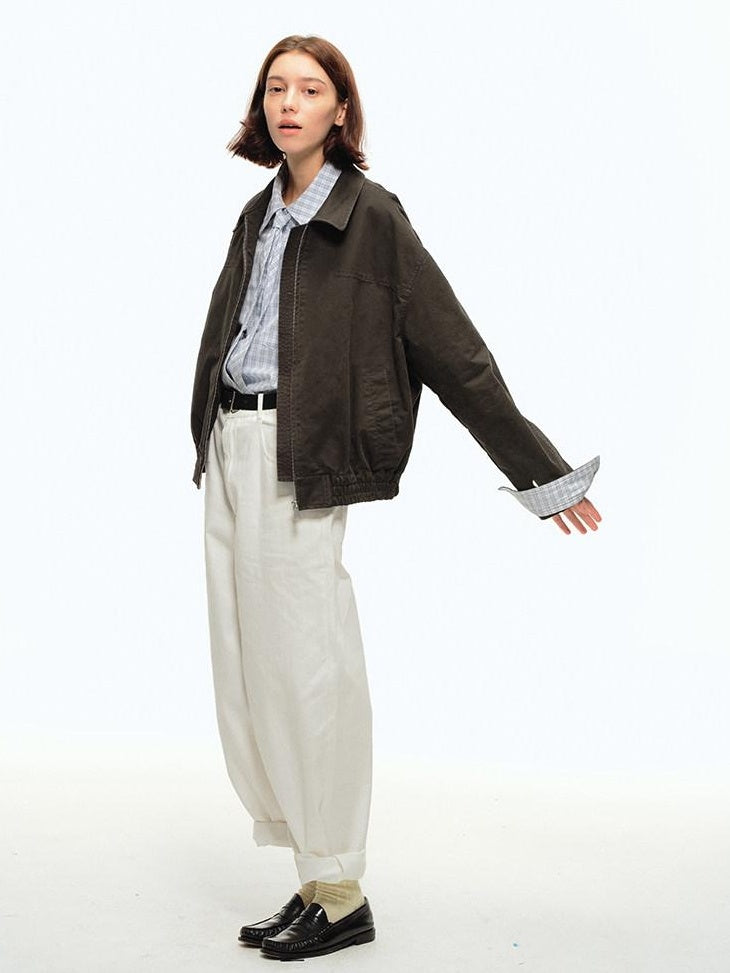 Country Moment 100% Cotton Oversized Zip Front Unisex Dark Gray Long Sleeve Cropped Jackets