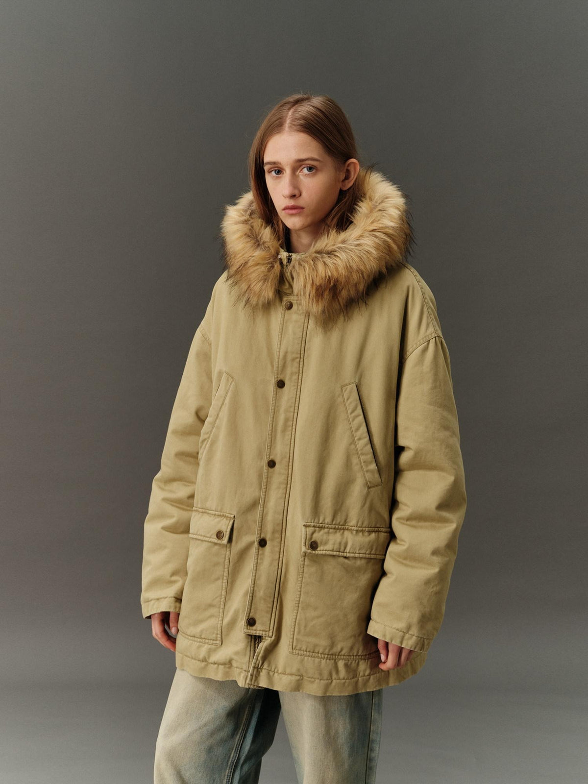 Country Moment Cotton Hooded Straight Fit Mid Length Zipper Street Khaki Green Puffer Jackets