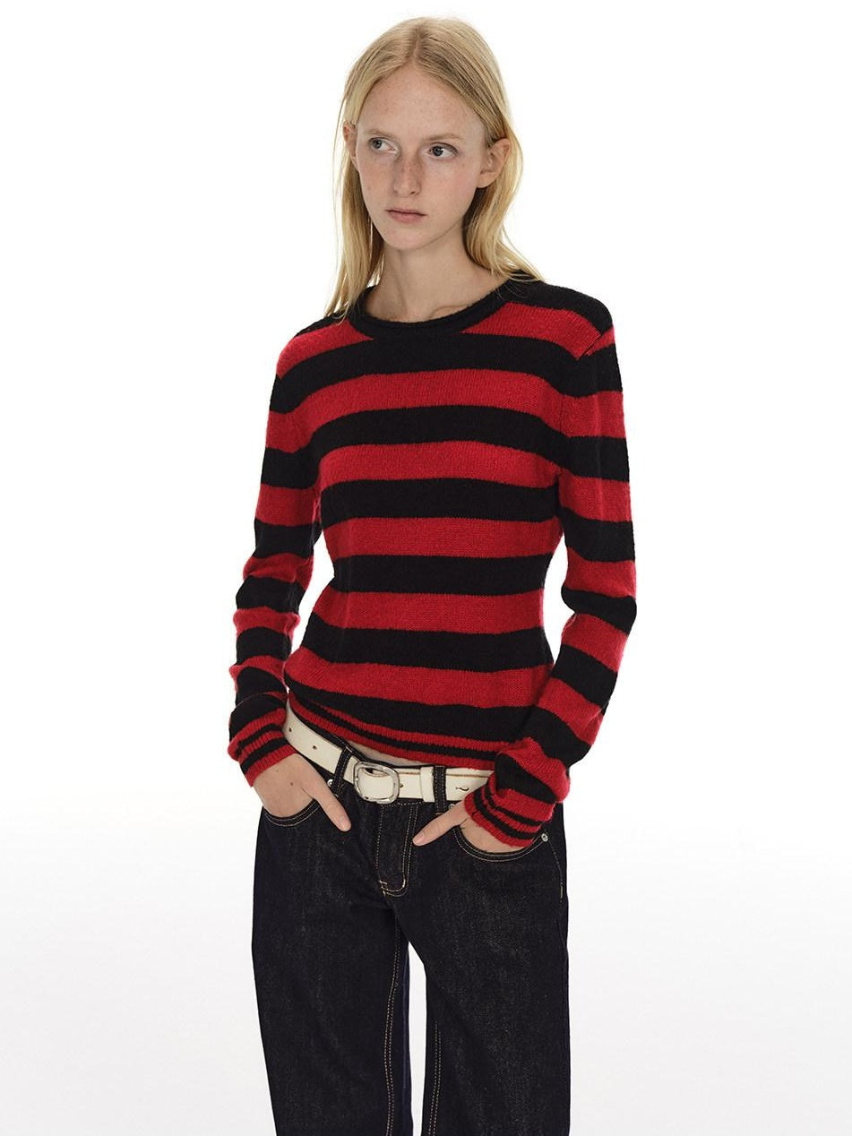 Country Moment Soft Wool Blend Knit Striped Crewneck Regular Fit Women Commuter Casual Sweaters