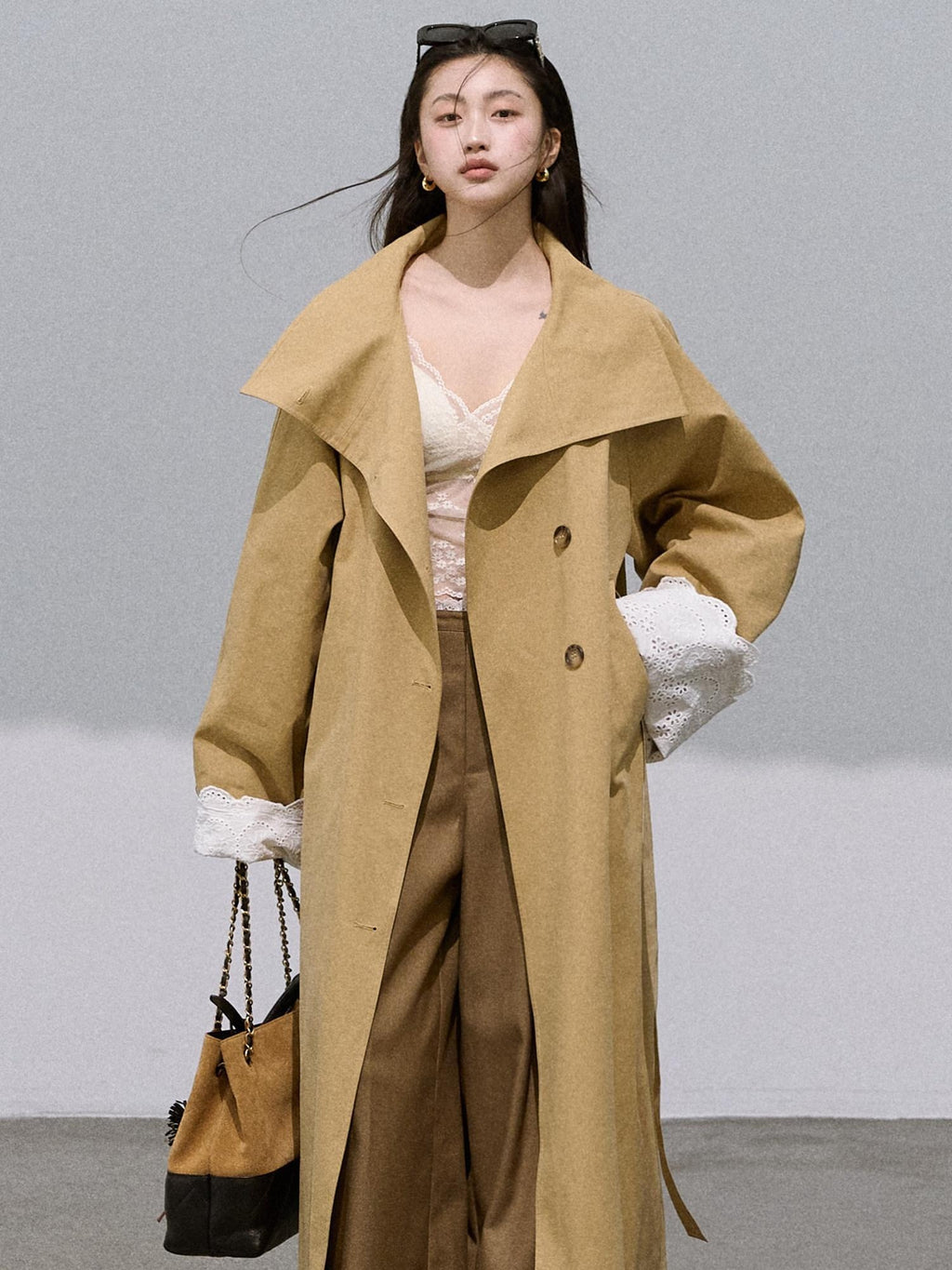 7 OAKMOO Cotton Lyocell Blend Oversized Stand Collar Amber Khaki Long Coats