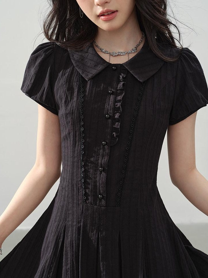 DDGIRL studio Sweet Cotton A Line Puff Sleeve Doll Collar Fitted Waist Midi Dresses