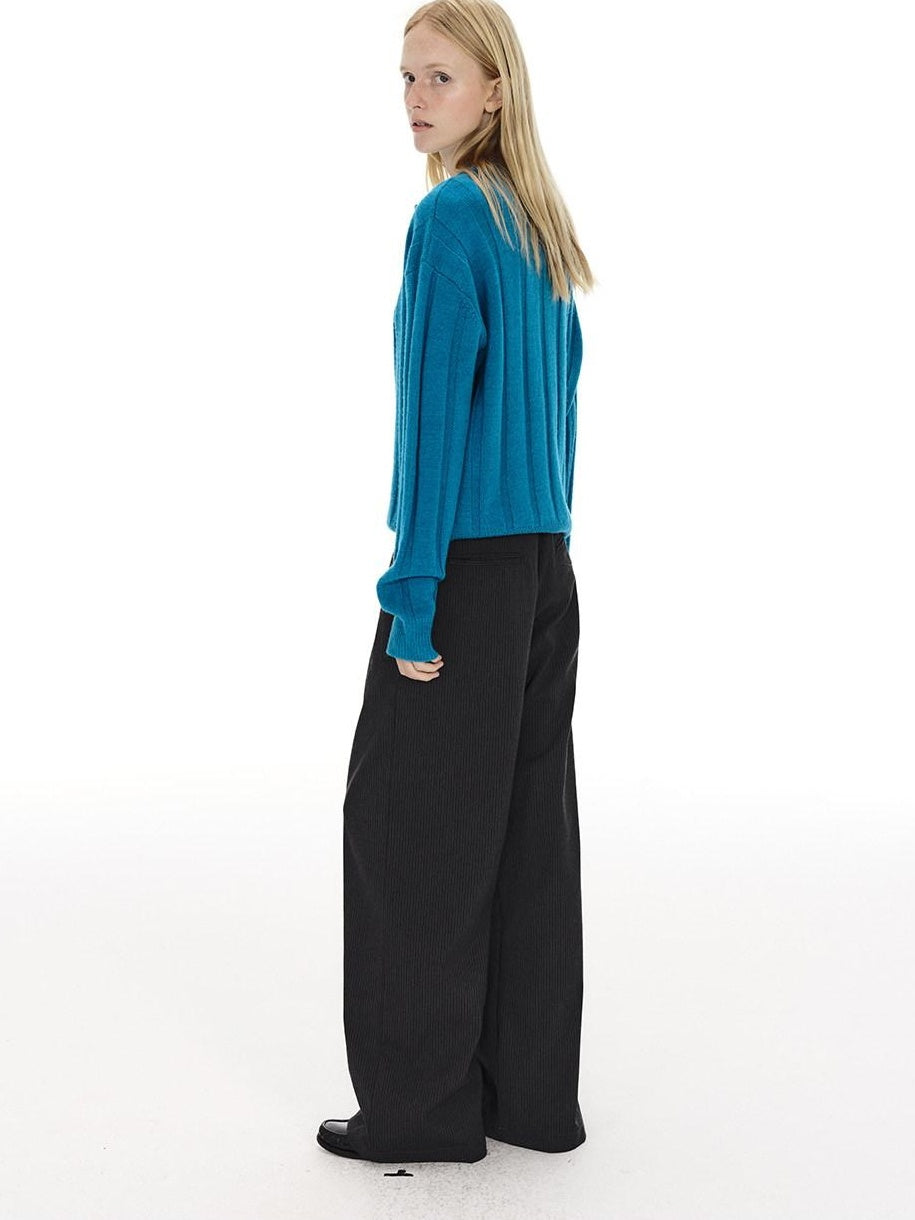 Country Moment Black Striped Midrise Wide Leg Casual Zipper Polyester Straight Pants