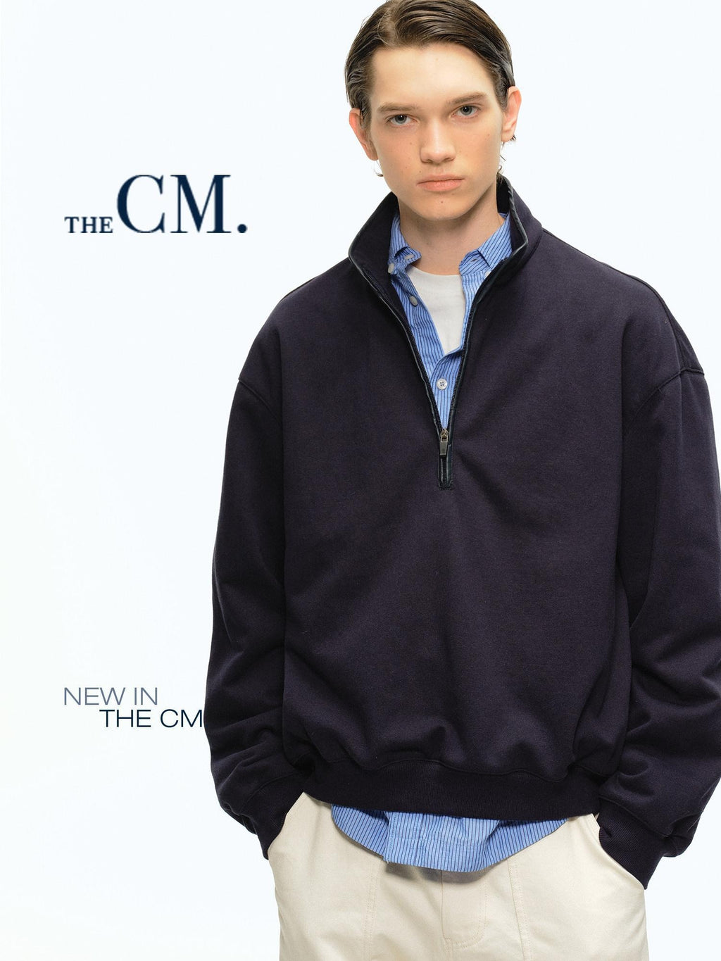 Country Moment Soft Cotton Blend Stand Collar Half Zip American Youth Casual Navy Sweatshirt