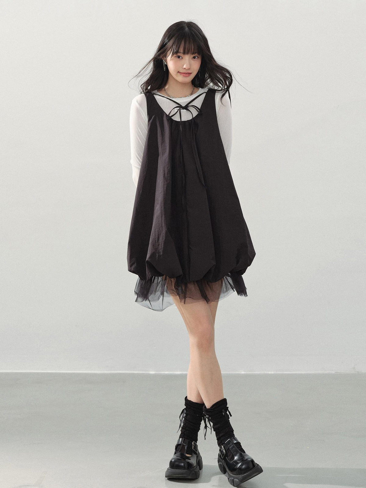 DDGIRL studio Sweet Mesh A Line Black Loose Waist Bubble Skirt U Neck Work Top & Skirt Sets