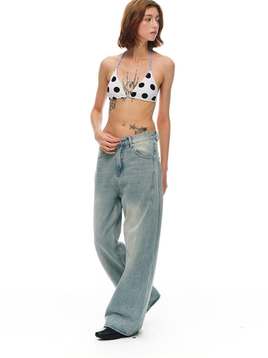 Country Moment Washed Distressed Embroidered Mid Rise Loose Retro Light Blue Wide Leg Jeans