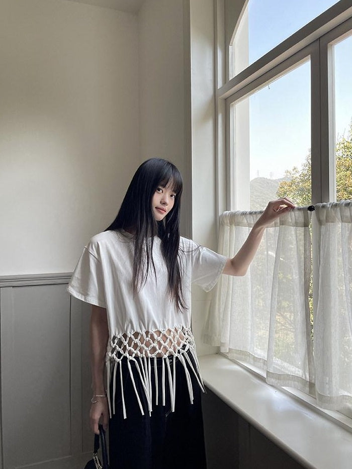 DDGIRL studio White Fringe Cropped Loose 100% Cotton Commuter Crew Neck Short Sleeve T-Shirts